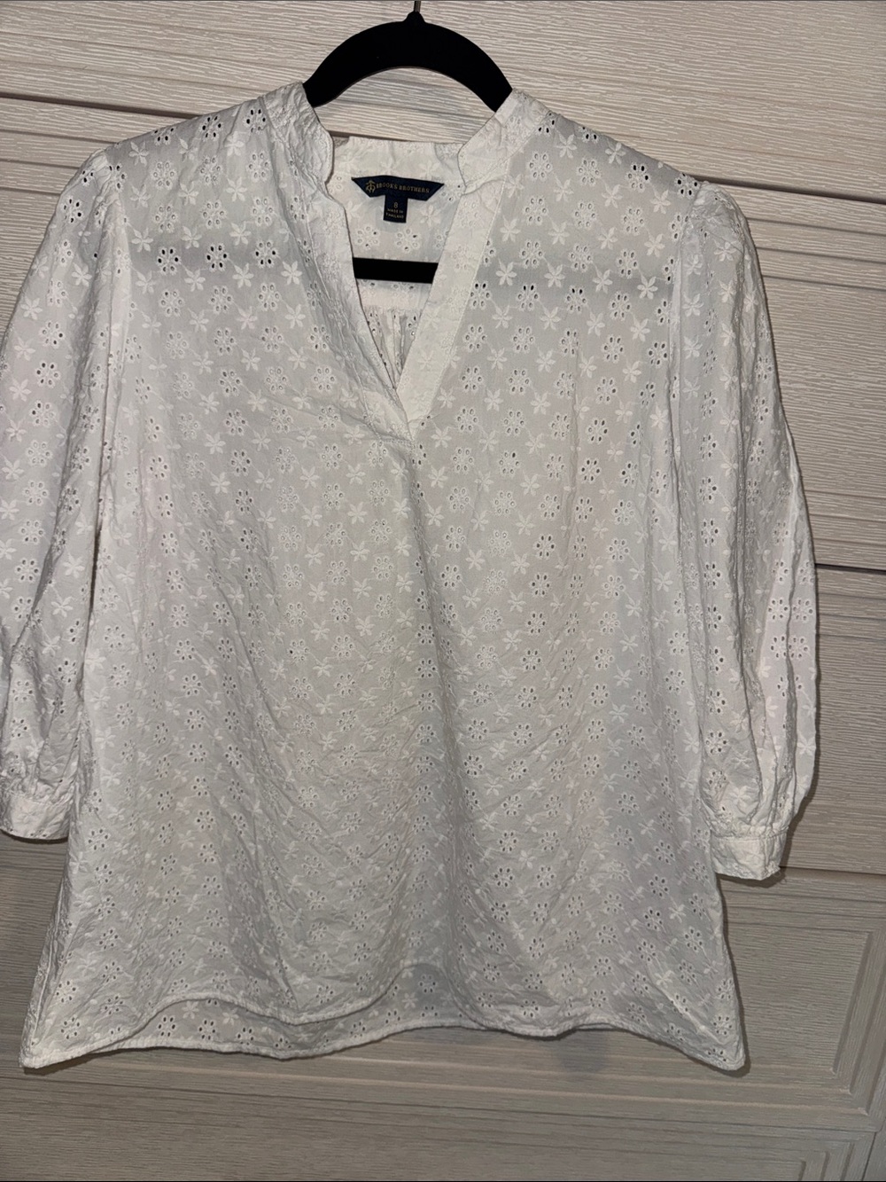 Brooks Brothers White Eyelet Split-Neck Peasant Blouse